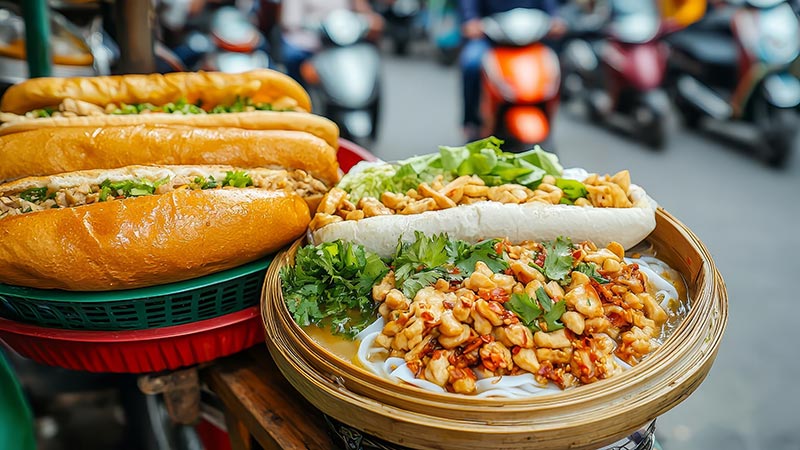 Vietnamese street food stall in Hanoi, vendor serving pho and banh mi in a bustling, motorbikefilled street scene,  Vietnam street food, authentic local experience
