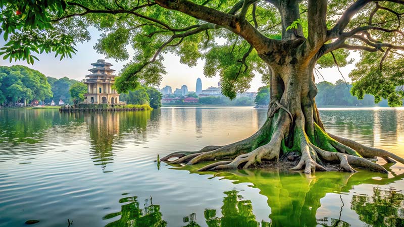 Ancient tree roots emerging from the water surface of Hoan Kiem lake in Hanoi's Turtle Tower area
