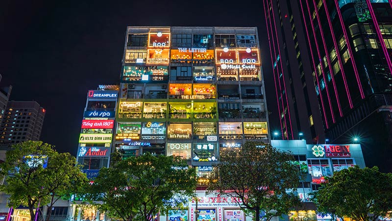 The Cafe apartment at night.